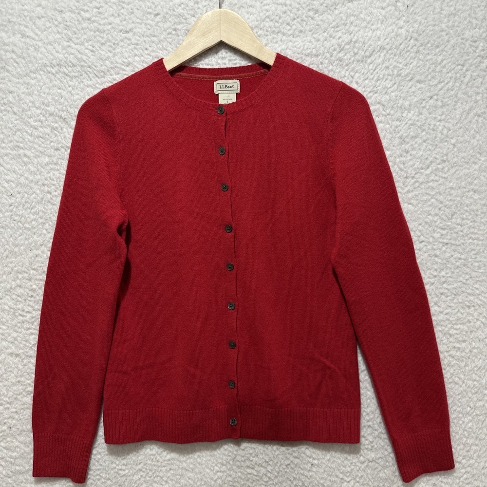 LL Bean Women's Size S‎ 100% Cashmere Red Crew Neck Cardigan Long Sleeve